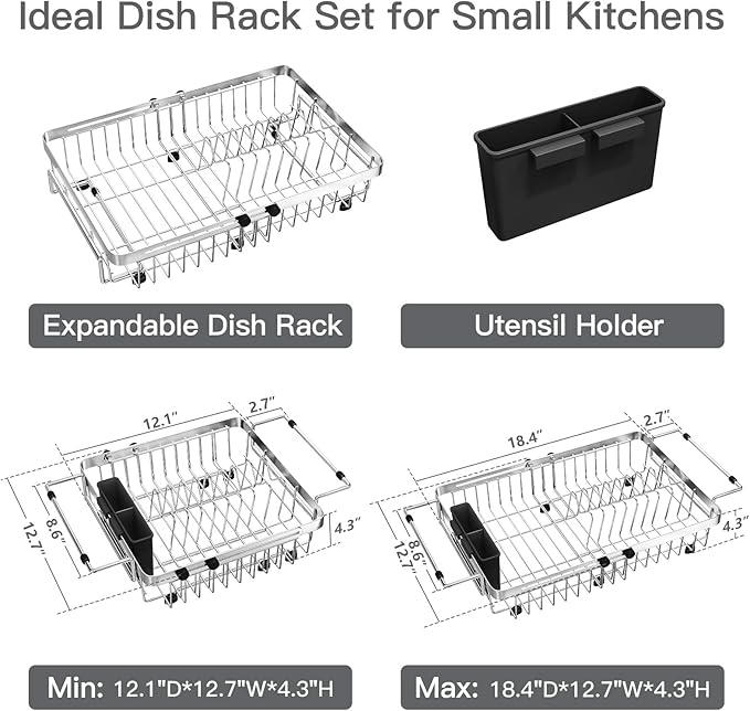 MAJALiS Expandable Stainless Steel Over The Sink Dish Drying Rack for Small Kitchen Counter Space Saving, Compact RV Plate Drainer Strainer in Silver Wire Metal with Hanging Adjustable Utensil Holder