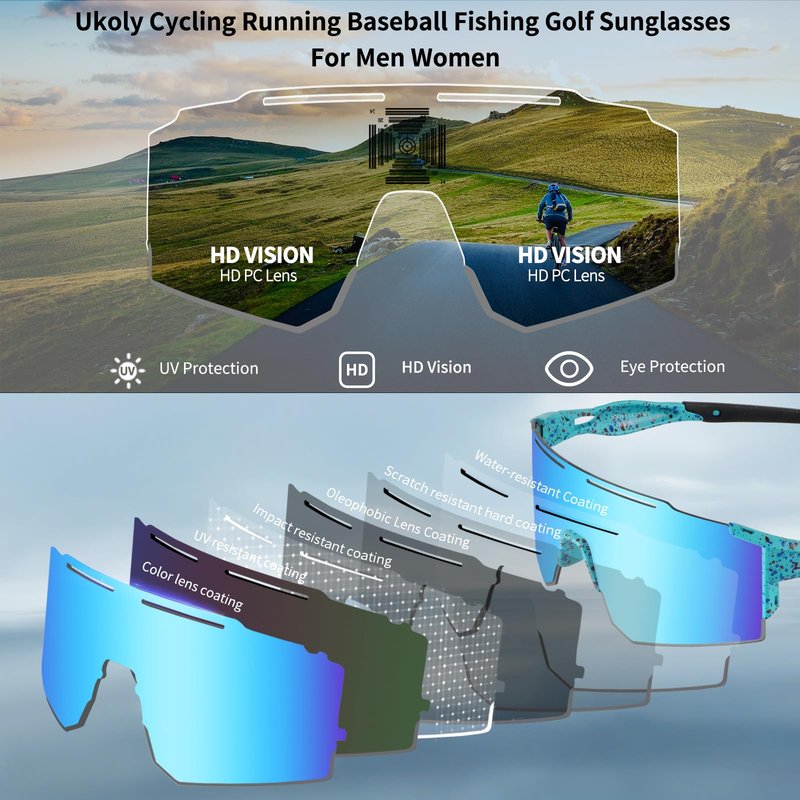 Ukoly Cycling Sunglasses for Men Women with 3 Interchangeable Lenses,Polarized Sports Sunglasses,Baseball Glasses SpU