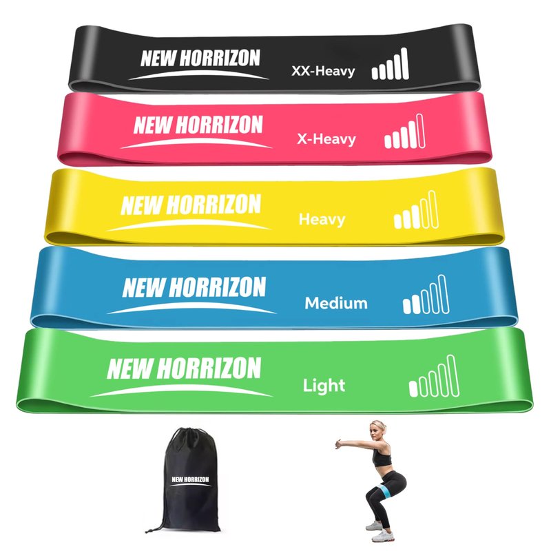 New Horrizon Resistance Bands for Working Out Set of 5 with Carry Bag, Resistance Loop Exercise Bands for Strength Training, Physical Therapy & Pilates, Home Gym Workout Equipment for Men & Women