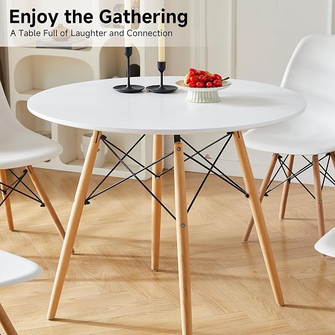 Round Dining Table Set for 4 35.5" Wood Dinner Table Circle Dining Room Table Kitchen Table Chairs Set of 4 with Wood Strip Base for Kitchen Living Room Space Saving Apartment(White)