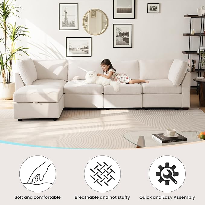 TEKAMON 123" Modular Sectional Sofa with Ottoman,Extra Large Comfy Cloud 4-Seat Deep Seat, Reversible Chaise Modular Sectional Couches for Living Room and Apartmenr,Beige