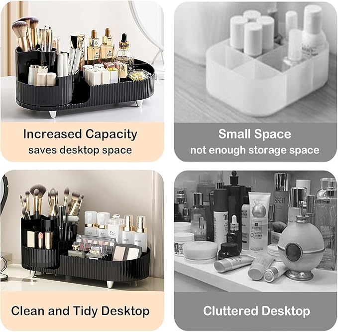 Rotating Cosmetic Organizer, Plastic Countertop Makeup Organizer with Makeup Brush Holder, Large Capacity Cosmetic Display Case, Countertop Makeup & Perfume Organizer with 9 Partitions (Black)