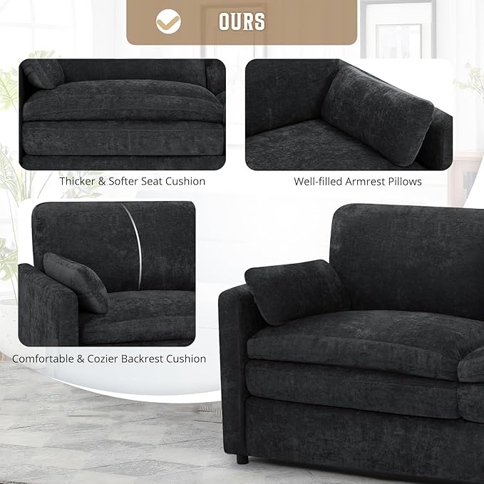69" Chenille 2 Seats Sofa with 2 Pillows, Modern Upholstered Sofa with Deeper Seats, Comfy Sofa with Thickened Cushions for Living Room, Apartment, Black