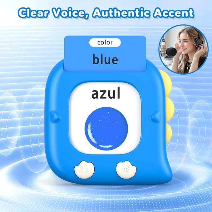Kidzdo 520 Bilingual Spanish English Talking Flash Cards, Birthday Gifts Easter Present for 2 3 4 5 6 Year Old Boys and Girls, Pocket Speech Therapy Toys, Portable Toddlers Toys, Blue