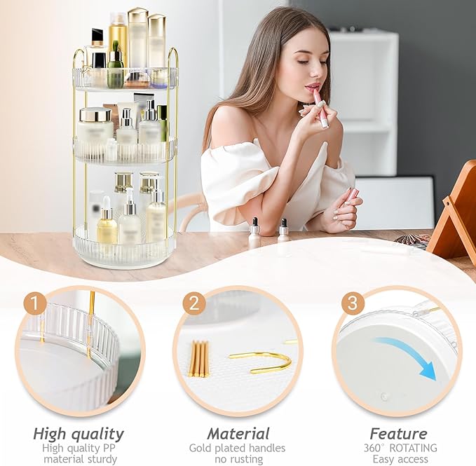 360 Rotating Makeup Organizer for Vanity,3 Tier Large Capacity Skincare Organizers,Bathroom Counter Organizer, transparent Spinning Perfume & Vanity Organizer (White, 3 Tier)