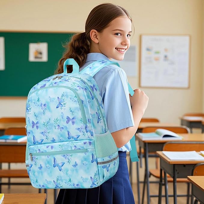 DSIUE Kids Backpack for Girls Elementary BookBags Teens Middle School Backpack with Lunch Box (Butterfly Green)