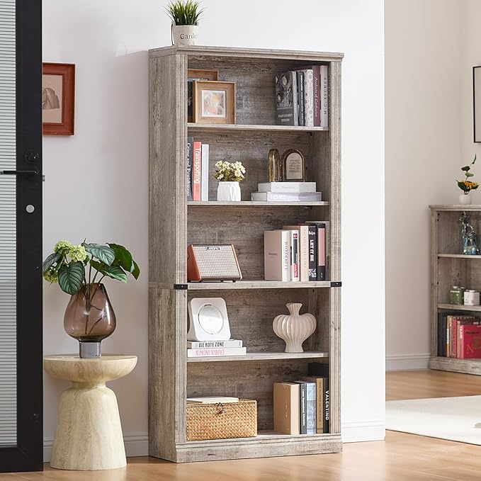 70" Grey Tall Bookshelf Set of 2,5-Tier Thick Wooden Book Shelf with Adjustable Shelves,Free Standing Farmhouse Bookcase with Open Display Storage,Floor Vintage Bookshelves for Living Room