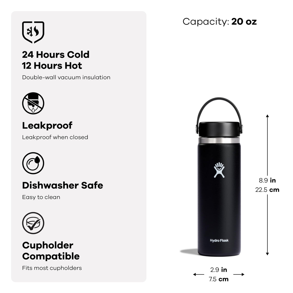 Hydro Flask Water Bottle - Insulated Stainless Steel - Wide Mouth Flex Lid, Non Spill, Leakproof and Refillable in 20 Oz