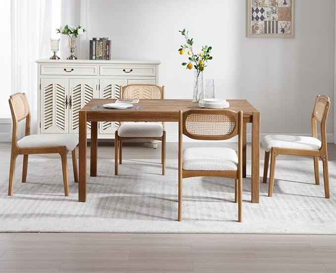 EALSON Mid Century Modern Rattan Dining Chairs Set of 4 Upholstered Sherpa Boucle Dining Room Chairs with Cane Back Farmhouse Kitchen Chairs Comfy Side Chairs with Hardwood Frame,Cream
