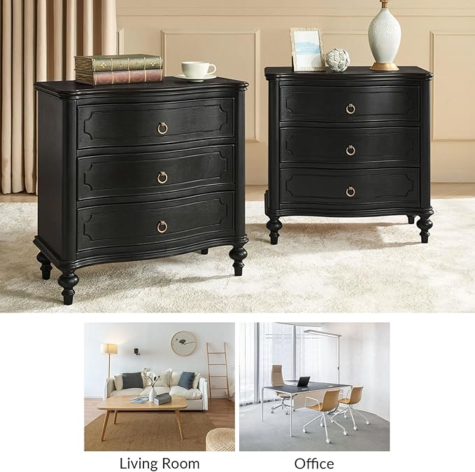 HULALA HOME Traditional Side Tables with 3 Drawers, Tall Side Table with Curved Front Profle Desgin, Charging Station, Solid Wood Legs, Set of 2, Black