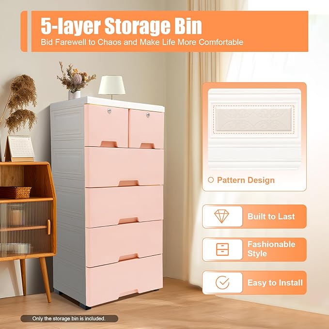6 Drawer Storage Drawer,Closet Drawers Dresser Organizer, Dresser Plastic Storage Cabinet with 4 Wheels Pink Dressers for Bedroom