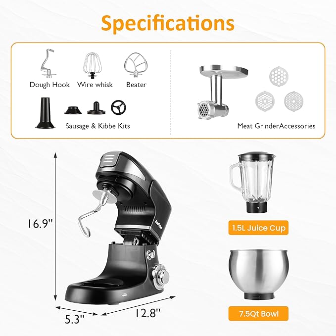 Sunvivi 6-in-1 Multifunctional Stand Mixer, 6.5QT Tilt-Head Dough Mixer, Electric Stand Mixer with Stainless Steel Bowl for Cake, Bread, and Dough, with Meat Grinder, Juice Blender & Pasta Maker