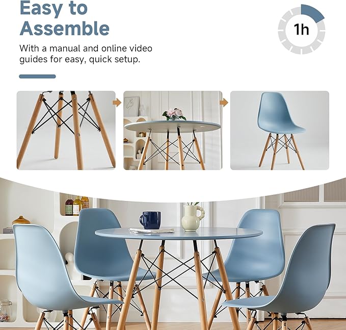 Round Dining Table Set for 4 31.5" Wood Dinner Table Circle Dining Table Kitchen Table Chairs Set of 4 with Wood Strip Base for Kitchen Living Room Space Saving Apartment(Blue)