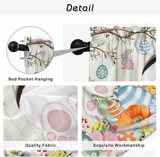 Easter Kitchen Tier Curtains 24 Inch Long 2 Panel Set, Rod Pocket Cafe Small