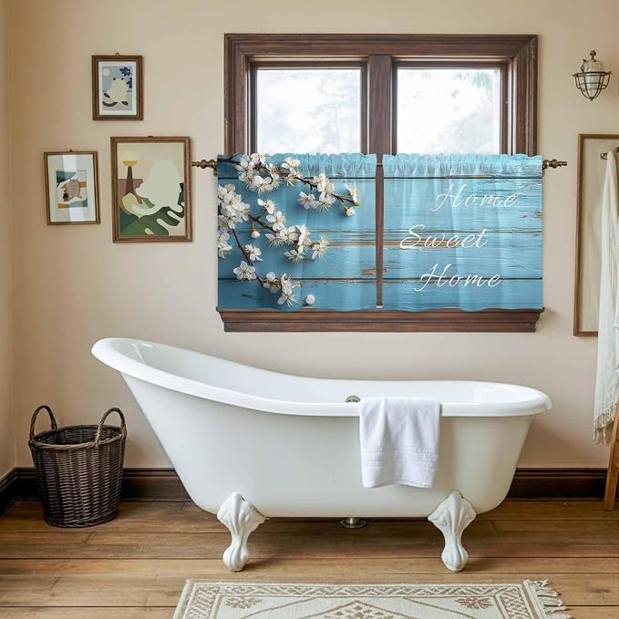 Farmhouse Wooden Grain Tier Curtains, Vintage Shabby Chic Flower Blue Light