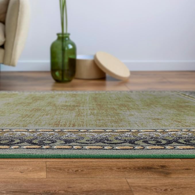 Antep Rugs Alfombras Bordered Modern 5x7 Non-Slip (Non-Skid) Low Pile Rubber Backing Indoor Area Rug (Green, 5' x 7' Oval)