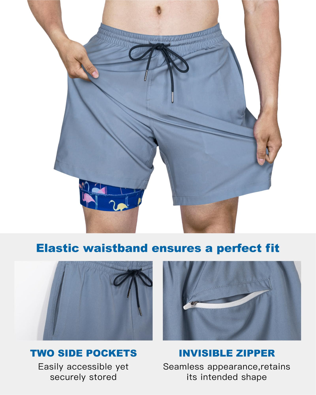 SURF CUZ Mens Swim Trunks with Compression Liner Quick Dry Swim Shorts 7" Swimming Trunks Stretch Bathing Suit Zipper Pockets,02 Haze Blue,S