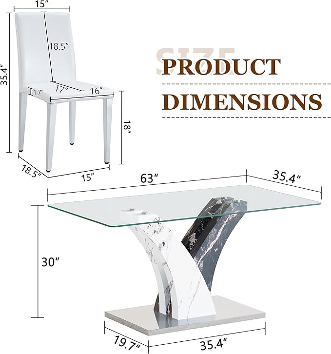 Glass Dining Table Set for 6, 63” Kitchen Table Set for 6, Modern Dining Room Table Set with Upholstered Chairs, Tempered Glass Tabletop with Y Shape Base