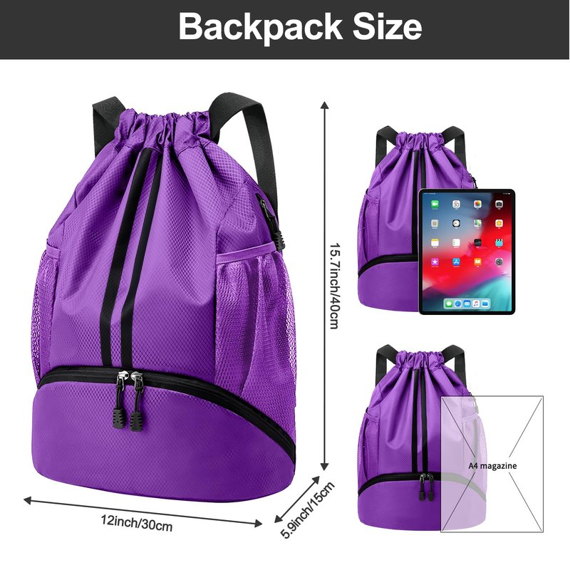 Hoedia Sports Drawstring Backpack - String Swim Gym Bag with Shoes Compartment and Wet Proof Pocket for Women and Men