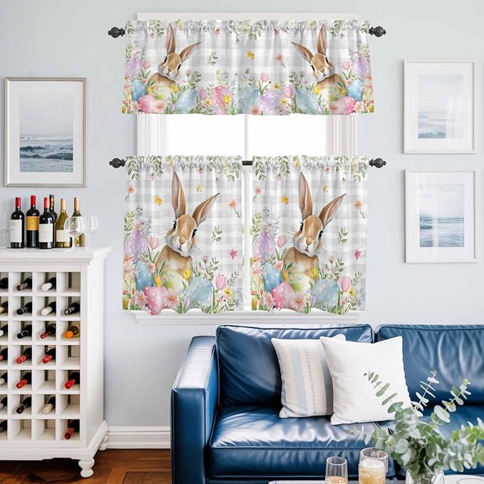 Kitchen Curtains Tiers and Valance Set of 3, Easter Light Filtering Window