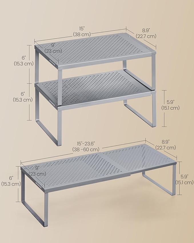 SONGMICS Spice Racks, Set of 2 Expandable Kitchen Countertop Shelves, Small Cupboard Organizers, Metal, Space-Saving Tabletop Shelves, Silver UKCS402FG01