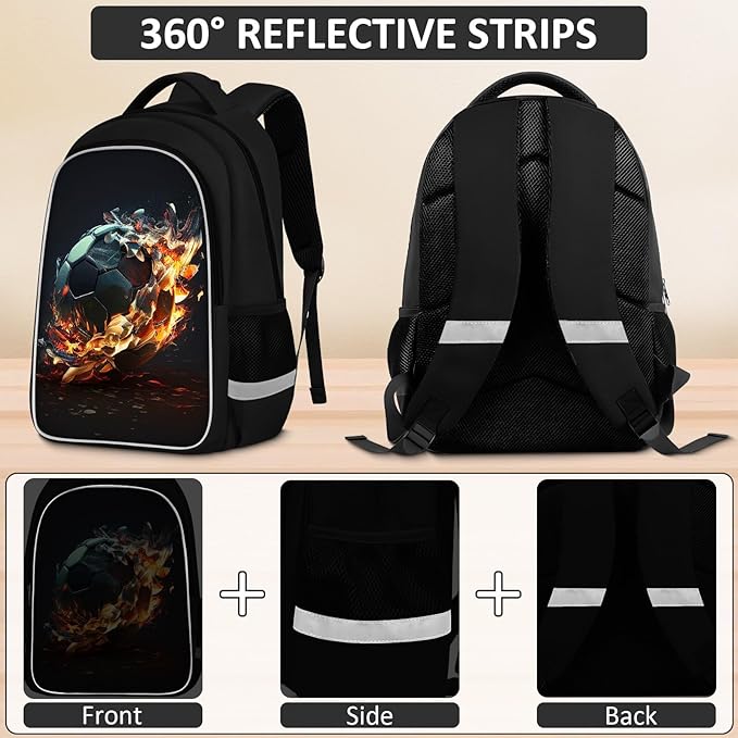 School Backpack for Boys - 4pcs Soccer Boys Backpack with Lunch Box and Pencil Case for Kids Children Teens Elementary Middle School - Students Bag for Ages 6-18,17″Bookbag Travel Back Pack