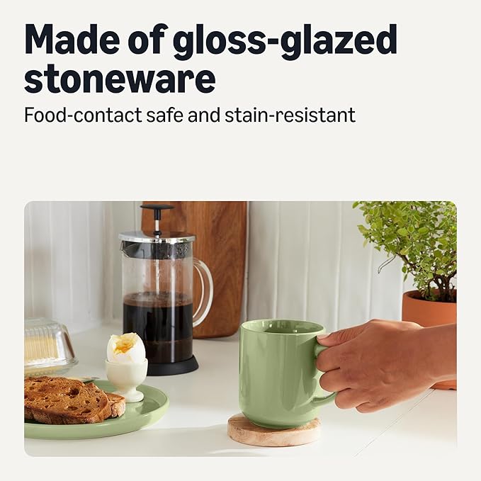 Amazon Basics Glazed Stoneware Coffee Mugs, Ceramic 4-Piece Set, 16 oz, Microwave and Dishwasher-Safe, Olive