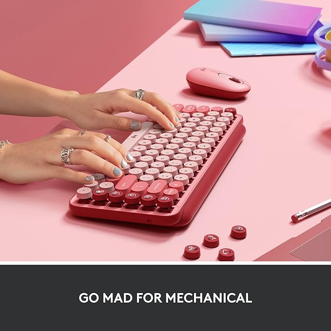 Logitech POP Keys Mechanical Wireless Keyboard with Customizable Emoji Keys, Durable Compact Design, Bluetooth or USB Connectivity, Multi-Device, OS Compatible - Heartbreaker Rose