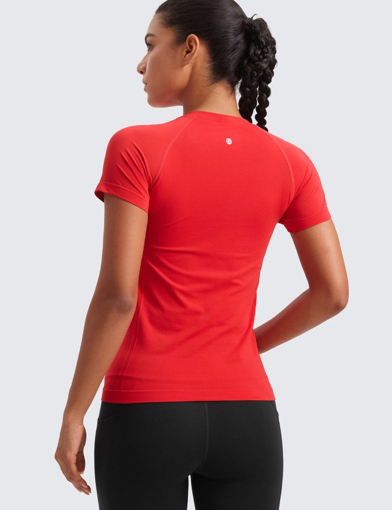 CRZ YOGA Seamless Workout Tops for Women Hip Length - Athletic Running Gym Yoga Short Sleeve Shirts Breathable Crewneck Tees Deep Red Medium