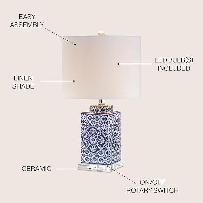 JONATHAN Y 23" Blue and White Chinoiserie Ceramic Table Lamp, Traditional Hand-Painted Bedside Lamp for Living Room Bedroom, White Linen Drum Shade, LED Bulb Included JYL3006A