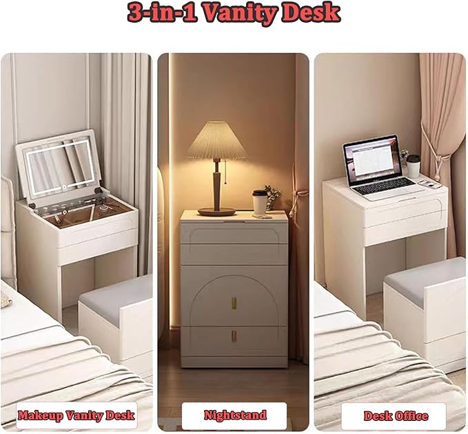 Compact Vanity Desk with Mirror, 3 in 1, Corner, Small Makeup with Stool, Flip Over Vanity Desk with Four Storage Areas and LED Mirror Light (White, 23.6in)