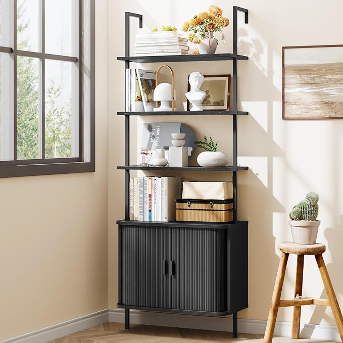 72" Tall Fluted Bookshelf, 4-Tier Open Display Ladder Shelf with Sliding Tambour Doors, Modern Wall Mounted Bookcase Cabinet with Metal Frame for Living Room, Bedroom, Home Office, Black
