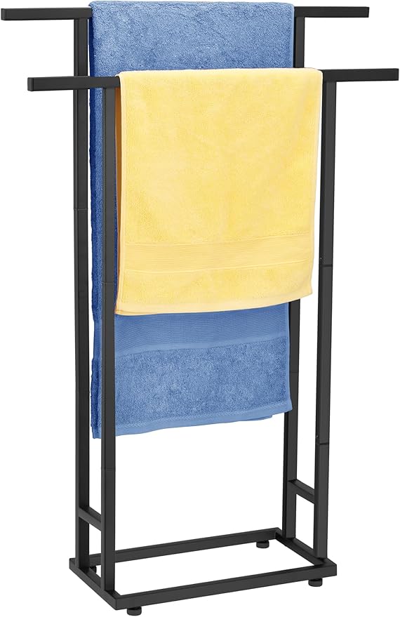 Standing Towel Racks for Bathroom, 2 Tier Bathroom Floor Free Standing Towel Rack, Tall Enough Pool Bath Drying and Dispaly Outdoor Stand for Storage, Black Freestanding Blanket Holder, ALHAKIN