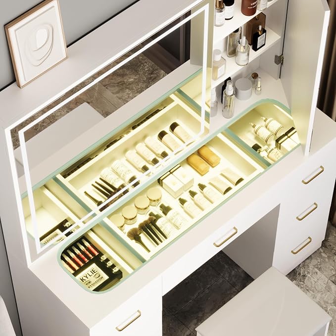 Glass Top Vanity Desk with Large Mirror and LED Lights,White Vanity with 2 Hidden Storage Mirror Cabinets,Dressing Table with Power Outlet&7 Drawers for Women/Girls,Makeup Organizer Countertop
