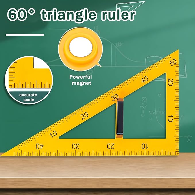 Magnetic Teaching Ruler Set with Multi-Functional Geometry Tools Durable ABS Plastic for Whiteboard Classroom Projects Student Teacher Math Supplies (Yellow 4pcs)