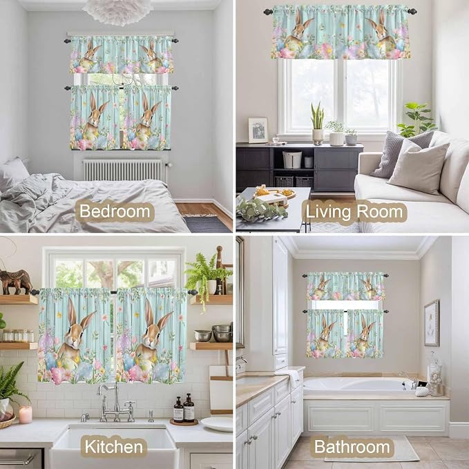 Kitchen Curtains Tiers and Valance Set of 3, Easter Light Filtering Window