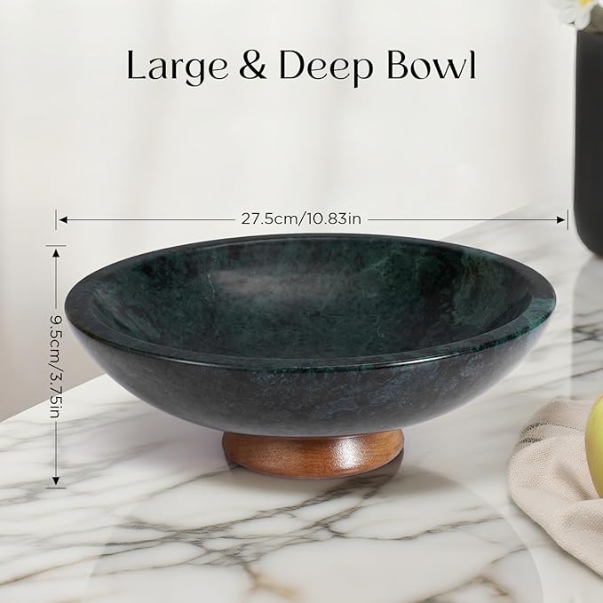 Green Marble Fruit Bowl with Acacia Wood Pedestal, Large Decorative Footed Bowl, Natural Stone Centerpiece for Kitchen Counter, Entryway, Keys, Dining Table, House Warming Gifts New Home(11Inch)