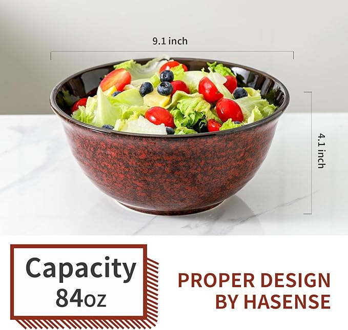 HASENSE Serving Bowls, 84 Ounce Ceramic Mixing Bowls Set of 2 for Kitchen, Large Salad Nesting Bowls for Cooking,Baking,Soup,Pasta,Fruit, Microwave & Dishwasher Safe(Red)