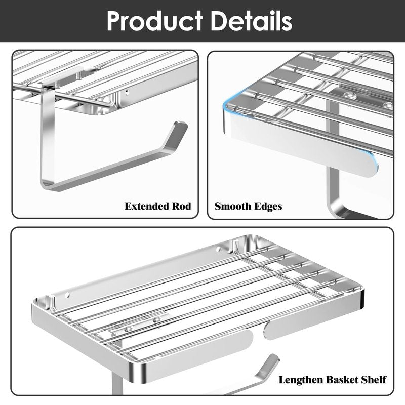 Toilet Paper Holder with Wipes Holder, Self Adhesive Toilet Rolls Holder Without Drilling, Rustproof Stainless Steel