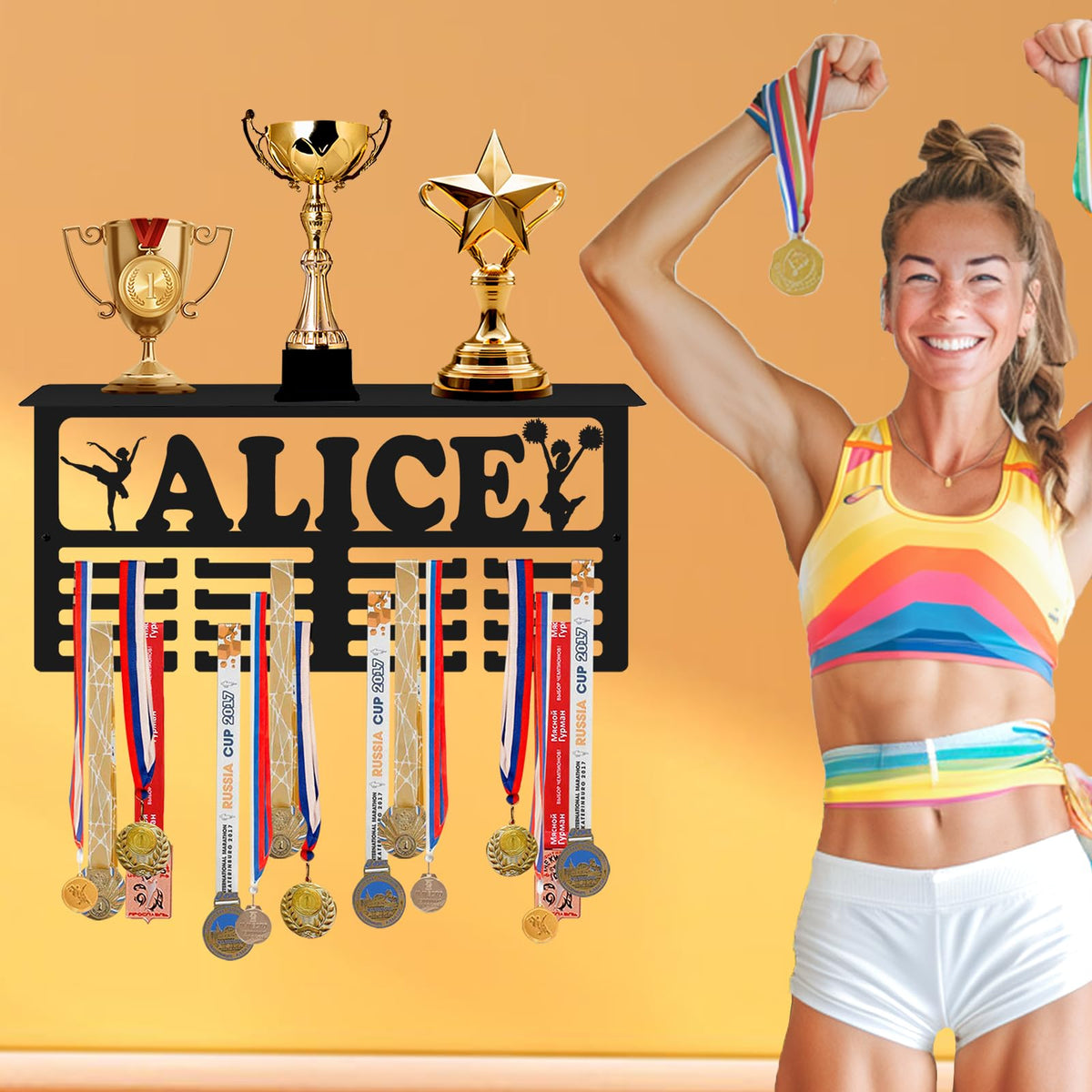 Xiuyours Personalized Medal Holder with Name Hooks Custom Hanger Display for Awards Ribbons Wall Gymnastics Runners Boys Girls Kids Customized Gift Sports Display Metal Medal Rack