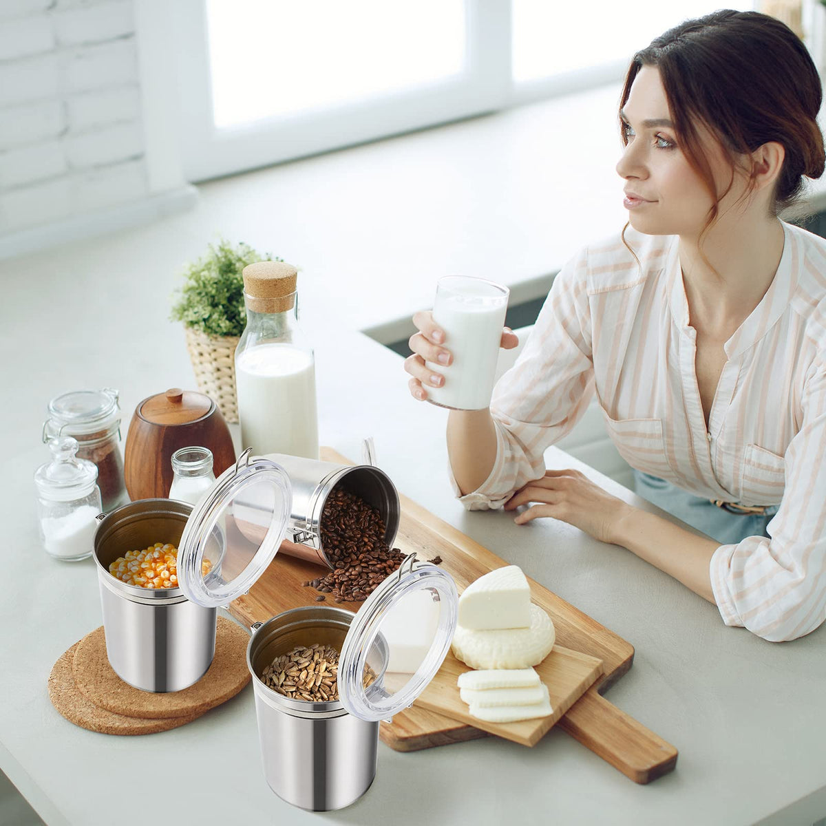 Lallisa 12 Pcs Stainless Steel Kitchen Canister 62 fl oz with Airtight Clear Clamp Lid, Metal Food Storage Container Set for Coffee Bean Ground Coffee Flour Sugar Spice Tea Cereal Snack Candy Pantry