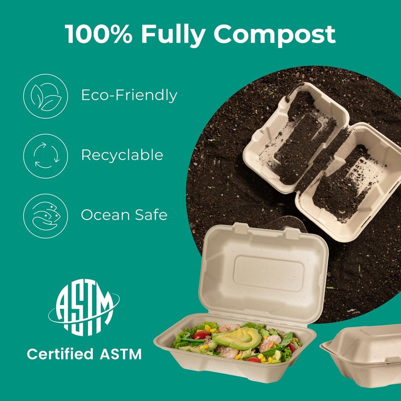 Fit Meal Prep 100 Pack 9x6 Compostable To Go Food Containers, Disposable To Go Boxes for Food, Lunch Boxes, Clamshell Take Out Containers with Lids, Eco Friendly Biodegradable, PFAS-Free, Bagasse
