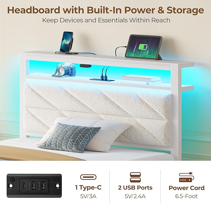 Seventable Bed Frame Twin Size with Charging Station, LED Bed with Upholstered Storage Headboard, Metal Platform Bed with Under Bed Storage, No Box Spring Needed, Noise Free, Easy Assembly, White