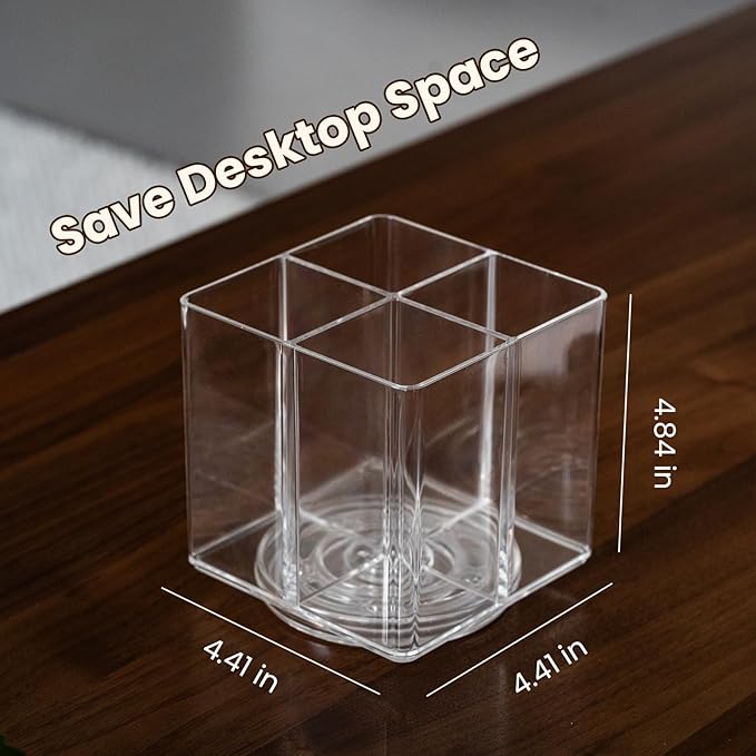 Clear Makeup Brush Holder,Acrylic Rotating 360°Makeup Brush Organizer,Pen holder with 4 Grids,Makeup Holder for Courtup,Containers for Desk