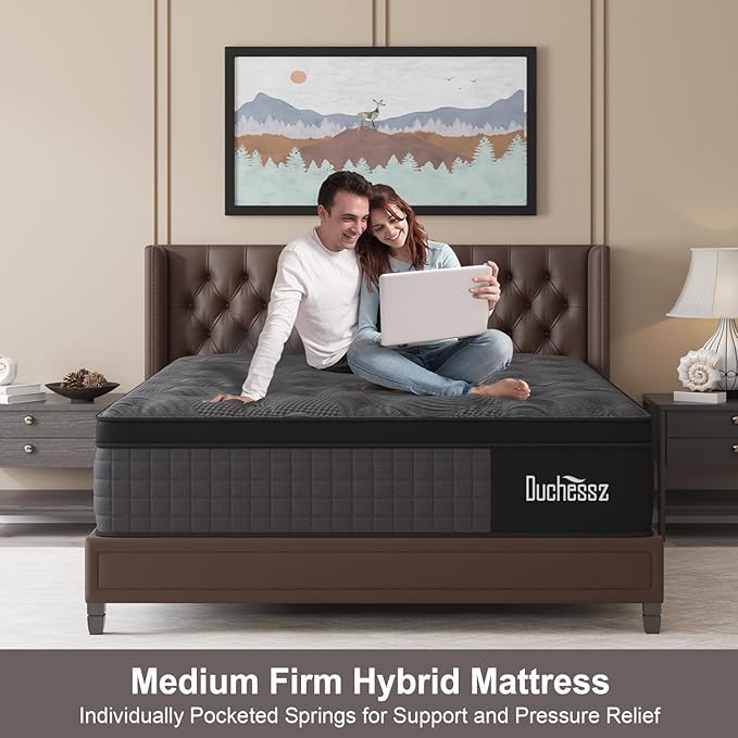 Hybrid Mattress Black with Gel Memory Foam and Individually Pocket Innerspring Euro Top Mattresses Medium Firm for Motion Isolation, Edge Support (10 Inch-Black & Grey, Queen)
