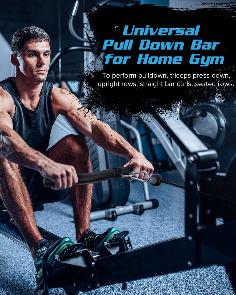 LAT Pulldown Attachments, Black Steel Lat Bar Cable Attachments Handles, Home Gym Cable Machine Accessories, Tricep Rope, Rowing LAT Pull Down Bar, Straight Bar, Double D Handles, Exercise Handles