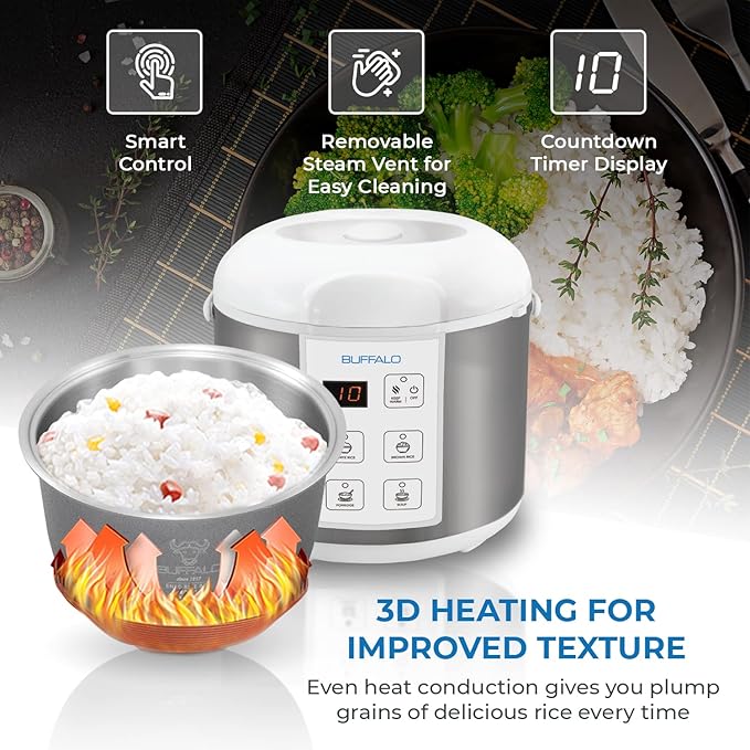 Buffalo Rice Cooker Stainless Steel Inner Pot Rice Maker Large, 10 Cup