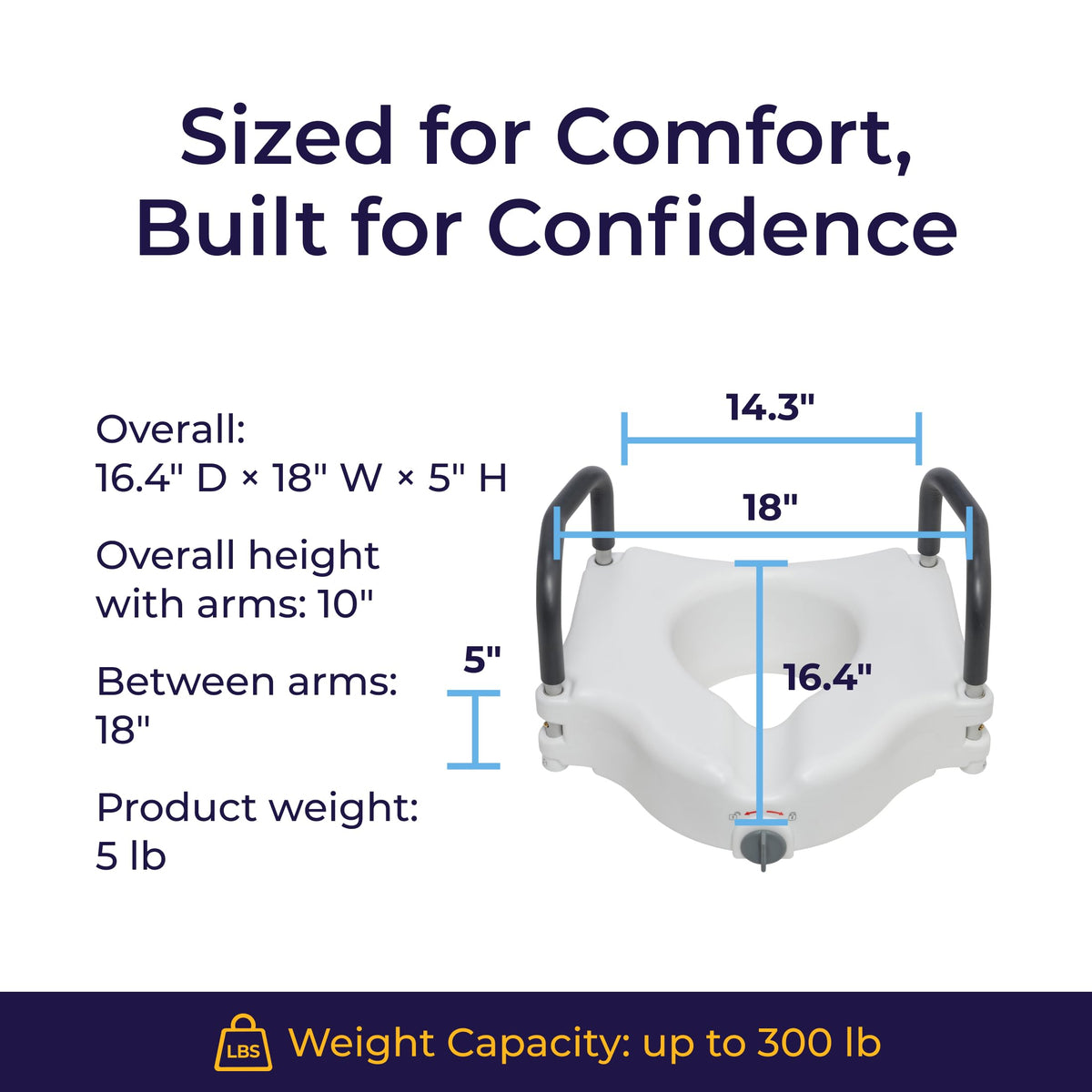 Drive Medical 2-in-1 Raised Toilet Seat with Removable Padded Arms - Elevated Bathroom Safety Support - Secure Locking Attachment - Easy Height Assistance - Durable Construction, Standard Toilets