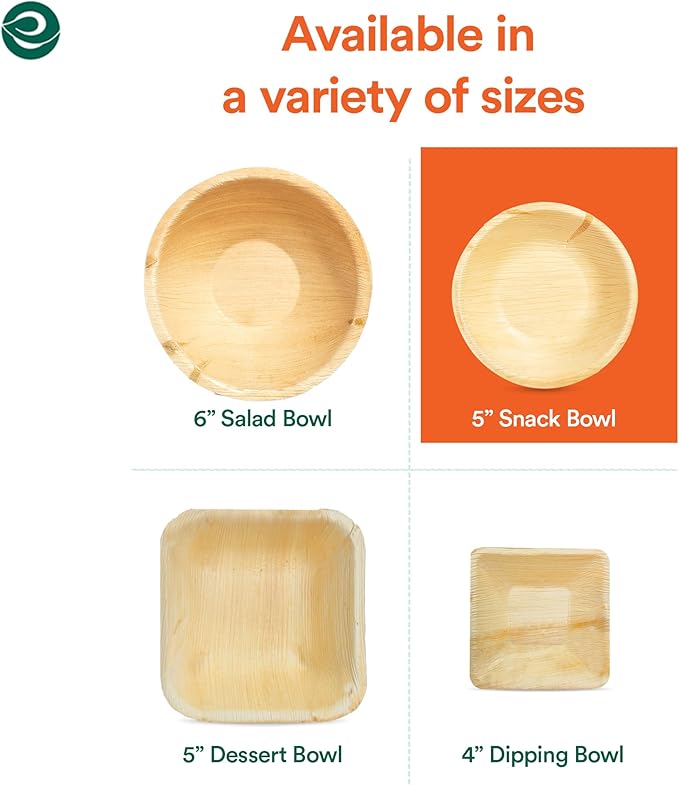ECO SOUL 100% Compostable, Biodegradable, Disposable Palm Leaf Bowls,| 5 inch, (8oz), Round | Pack of 50| Like Bamboo Bowls, Eco-friendly | Sturdy, Microwave & Oven Safe