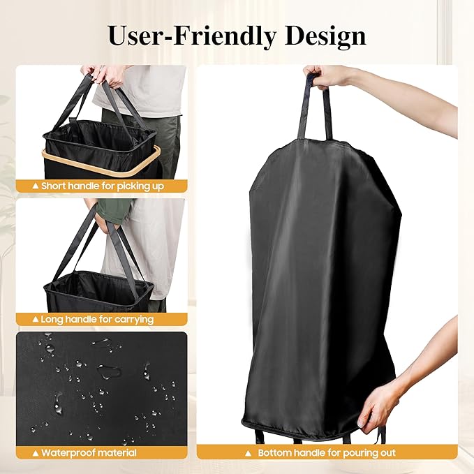 Large Laundry Hamper, 75L Waterproof Laundry Basket with Lid and Removable Bag, Collapsible Tall Clothes Hamper with Bamboo Handles for Clothes Toys in Dorm Bedroom Bathroom, Black